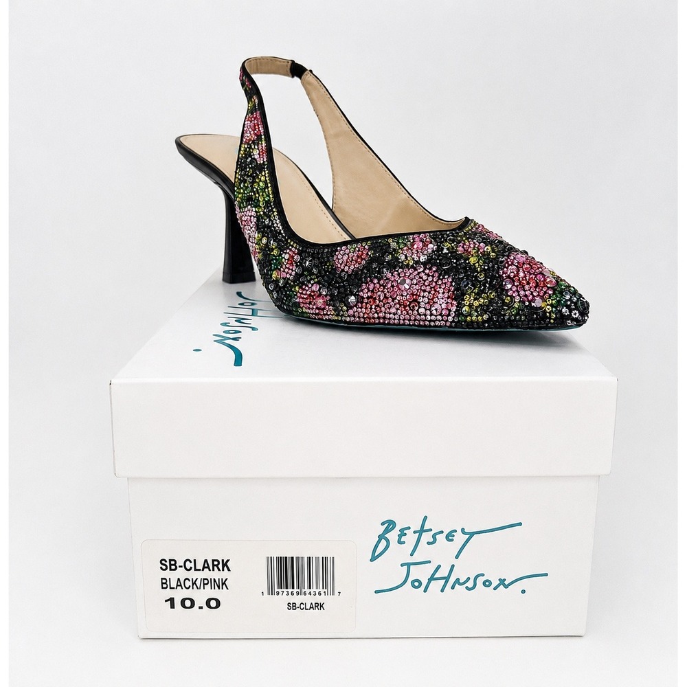 Betsey Johnson Clark Rhinestone Floral Slingback Pumps Black Pink Heels 10 NWOT - Picture 11 of 12
